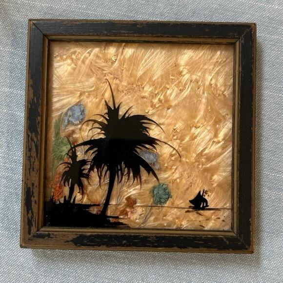 Vtg Reverse Painted Wall Folk Art Dried Flowers Palm tree Early 1900's Milkweed - Picture 2 of 4